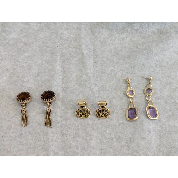 Set Of‎ 3 Vintage Earrings Rhinestone Tassel Leopard Drop Dangle Stud - Picture 1 of 11